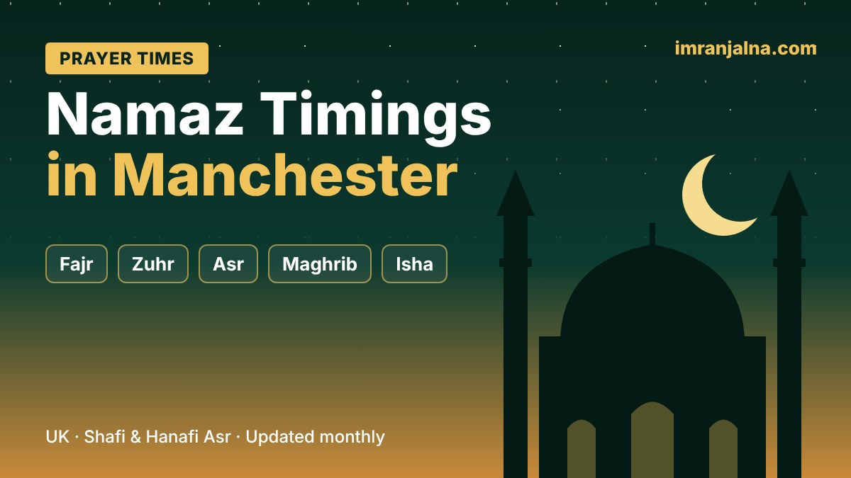 Namaz timings and prayer times in Manchester, UK – Fajr, Zuhr, Asr, Maghrib, Isha
