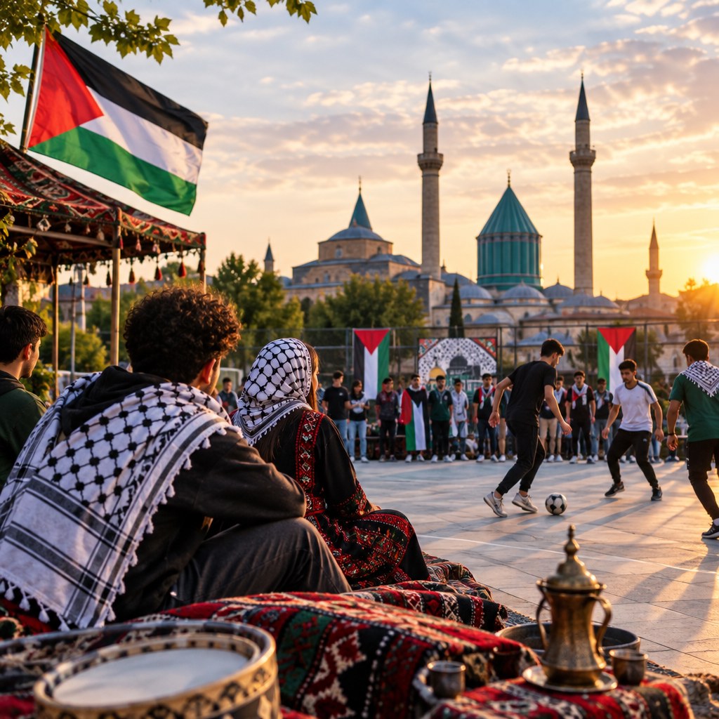 Palestinian flag waves at a sunset street festival as people in traditional dress watch a soccer game, with a domed mosque silhouetted in the background.