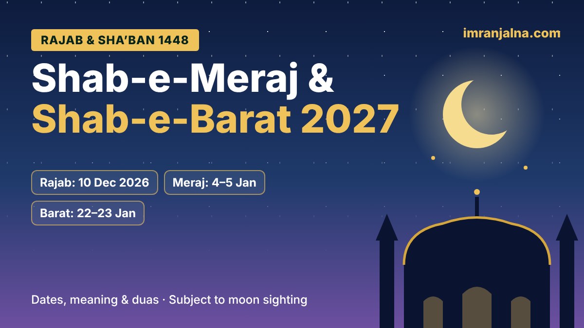Shab-e-Meraj and Shab-e-Barat 2027 - ImranJalna Shab-e-Meraj and Shab-e-Barat 2027 dates – Rajab 10 December 2026, Meraj 4–5 January, Barat 22–23 January