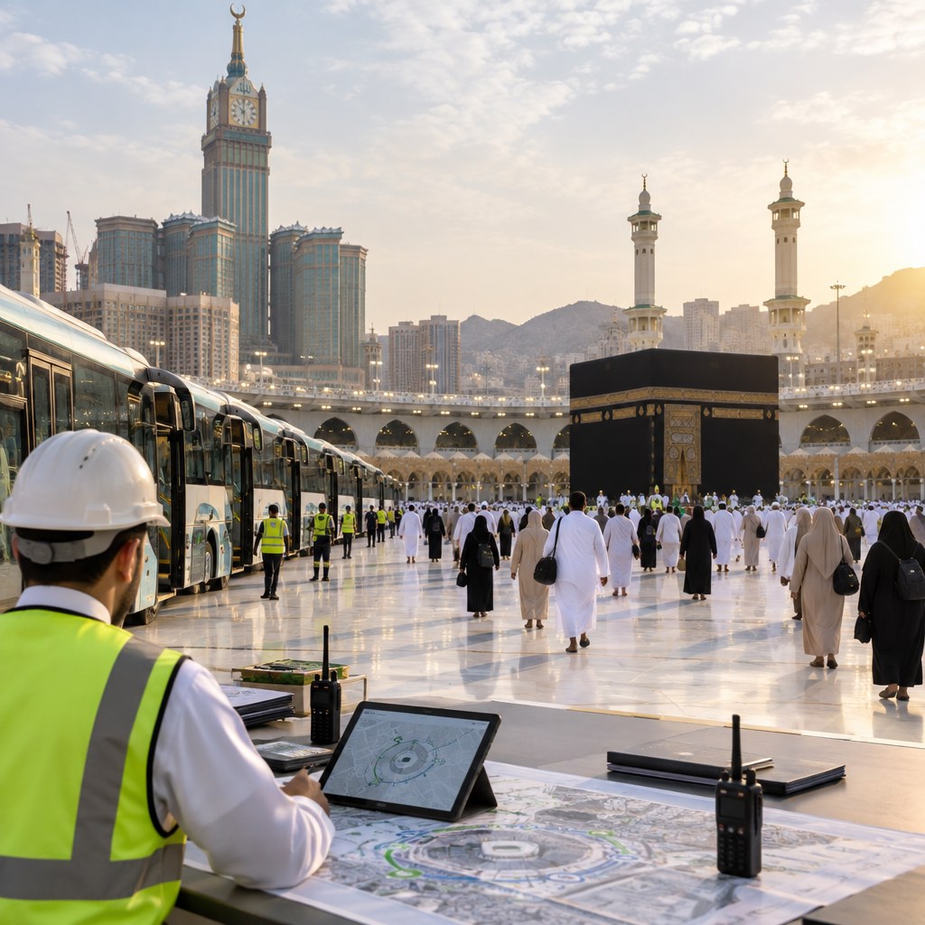Security staff in hi-vis vests at a map desk with radios and papers near the Kaaba; buses line up in the foreground.