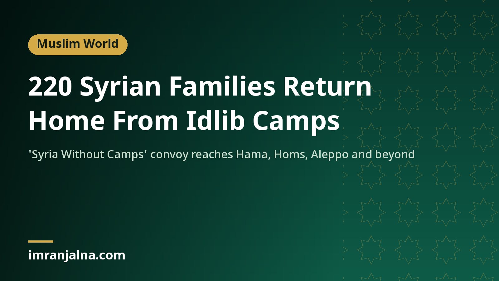 Green gradient news hero showing the headline: '220 Syrian Families Return Home From Idlib Camps' with a 'Muslim World' tag and source imranjalna.com bottom left