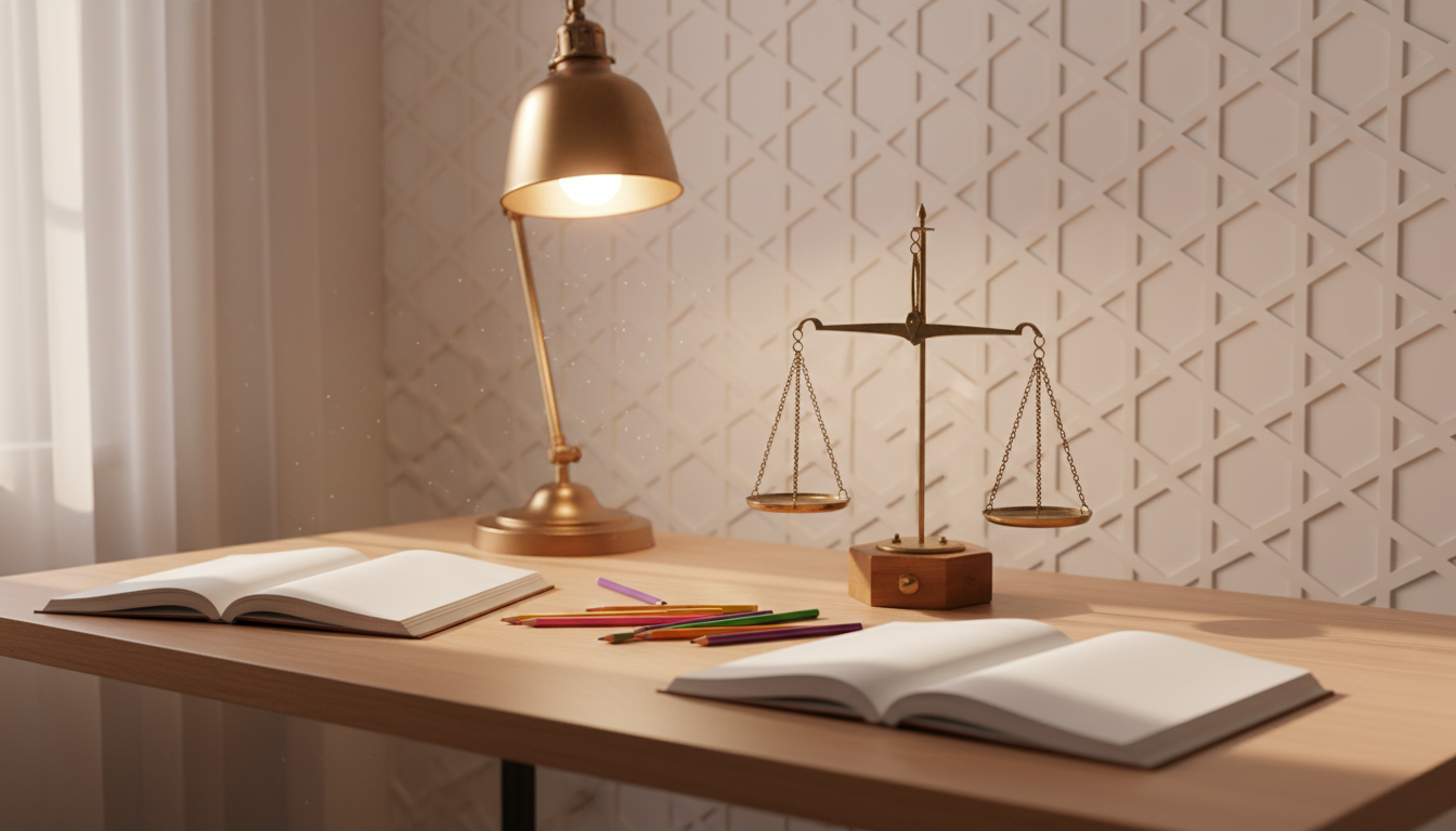 بچوں میں سچائی اور انصاف کی تربیت کی علامت کتابیں، پنسل اور چھوٹا ترازو